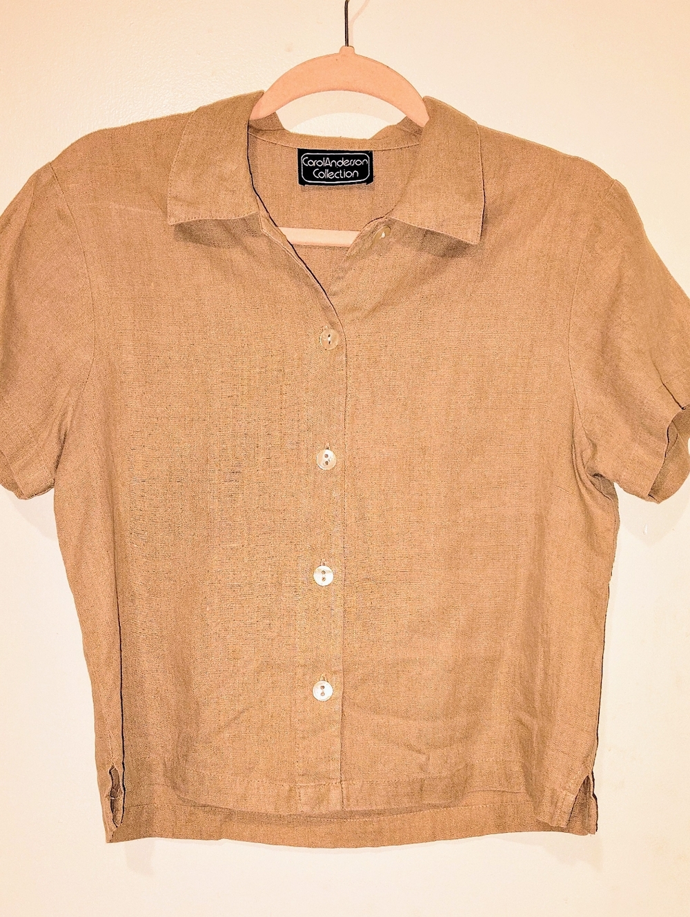 Carol Anderson Collection Vintage Tan Short Sleeve Boxy Linen Top Safari Summer